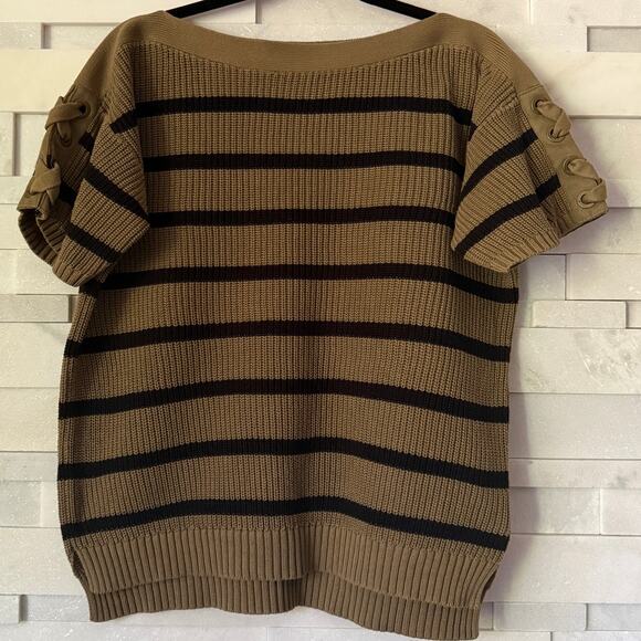 LAUREN RALPH LAUREN 100% Cotton Stripe Grommet Lace Short Slv Sweater Preppy M - Picture 1 of 5